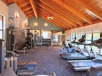 A gym with treadmills, weights, and exercise equipment at The Lakes in Washington 98007